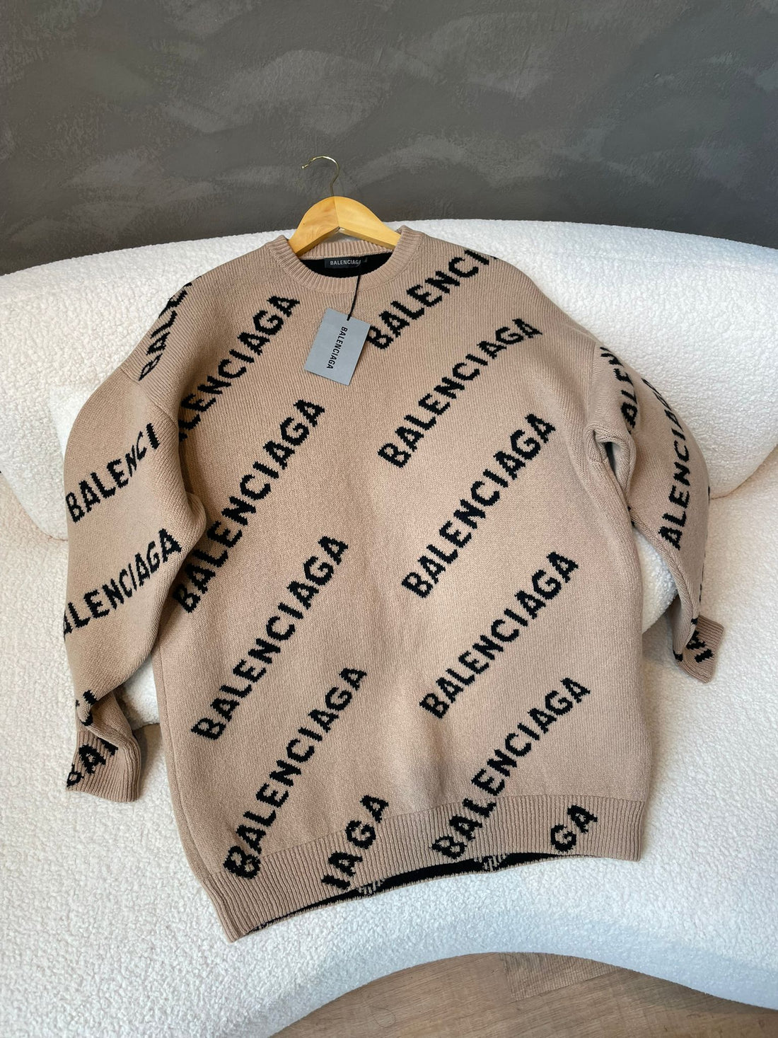 Balenciaga Allover Logo Sweater Brown Tan Beige/ Black