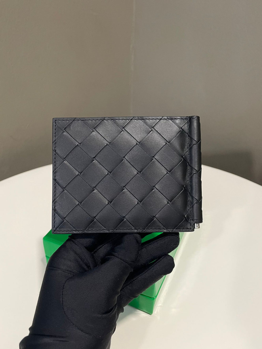 Bottega Veneta Bi Fold Clip Card Case Black Intrecciato Leather
