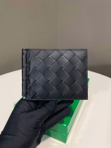 Bottega Veneta Bi Fold Clip Card Case Black Intrecciato Leather