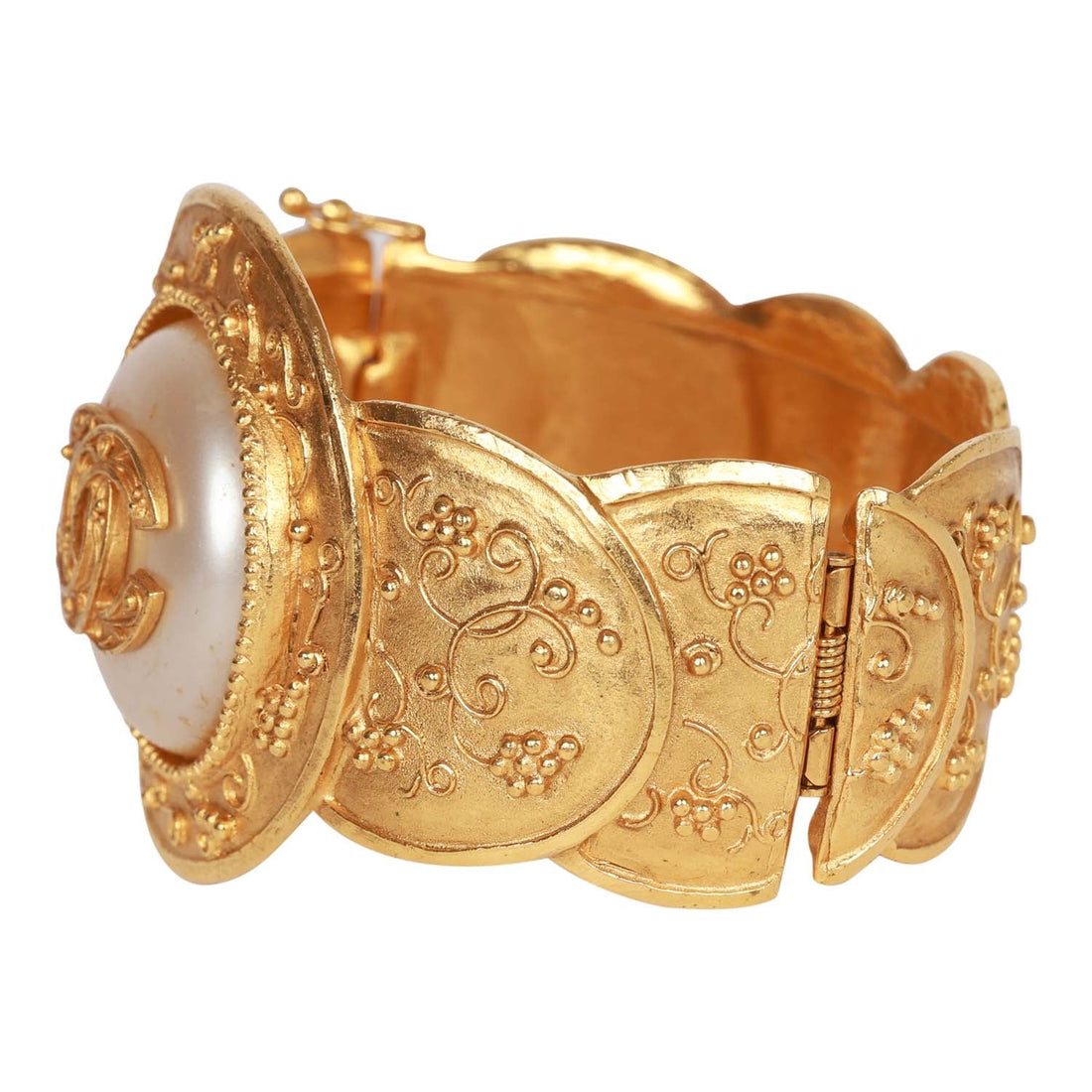 Chanel   Gold Faux Pearl Textured Metal CC Logo Bracelet