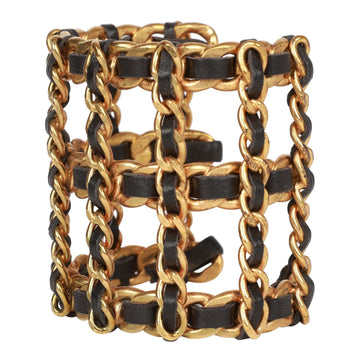 Chanel   Gold Chain and Black Leather Cuff Bracelet