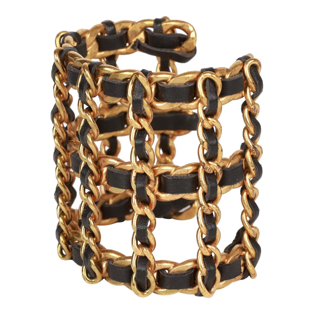 Chanel   Gold Chain and Black Leather Cuff Bracelet