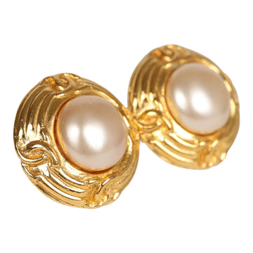 Chanel   24K Gold Plated Pearl Round CC Button Clip On Earrings