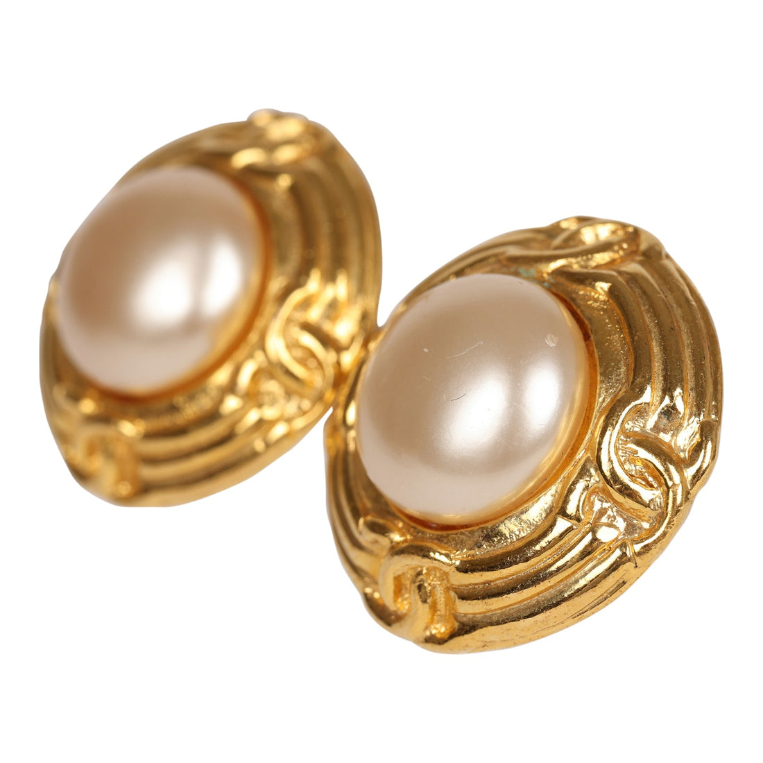 Chanel   24K Gold Plated Pearl Round CC Button Clip On Earrings