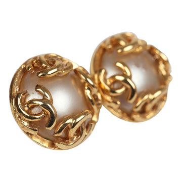 Chanel   24K Gold Plated CC Round Pearl Earrings Gold Hardware