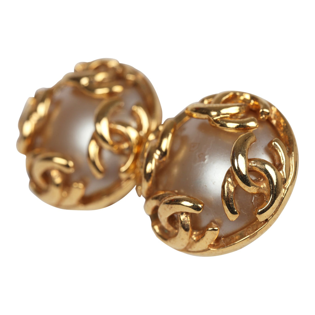 Chanel   24K Gold Plated CC Round Pearl Earrings Gold Hardware
