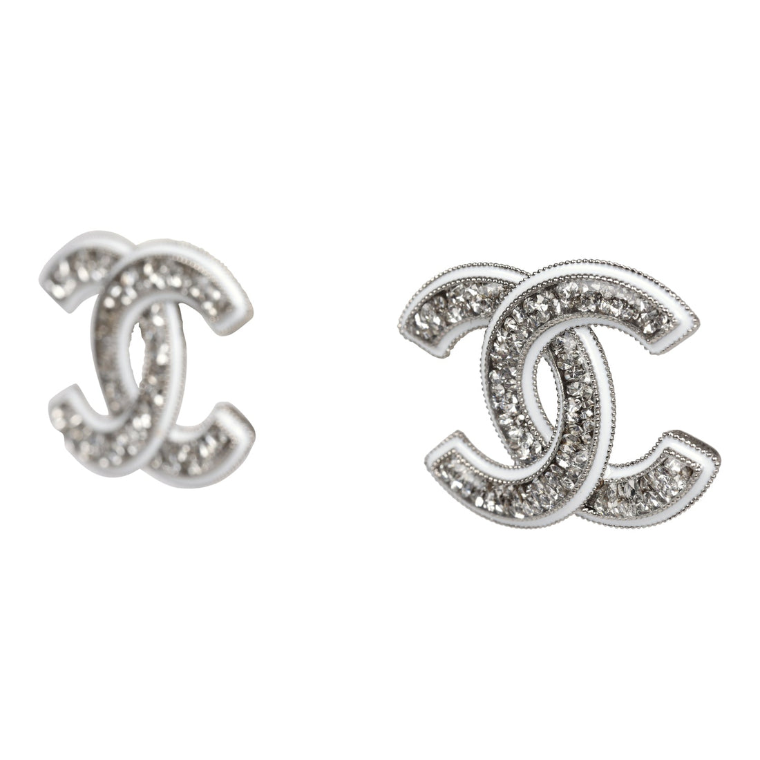 Chanel Large Lucite CC Crystal Stud Earrings White Enamel and Silver Hardware