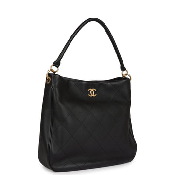 Chanel Quilted Hobo Shoulder Bag Black Calfskin Brushed Gold Hardware