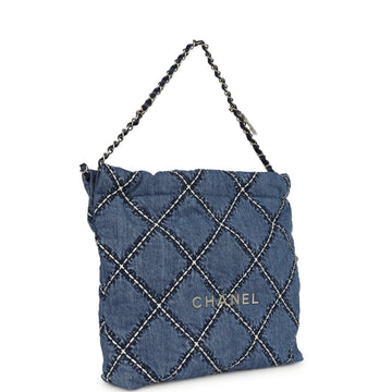 Chanel Small 22 Bag Blue Stitched Denim Silver Hardware