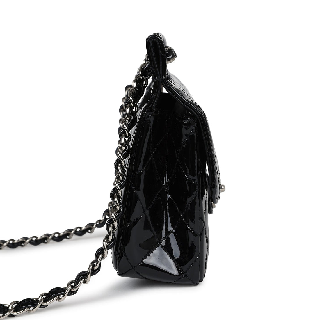 Chanel   Chain Through Flap Bag Black Patent Silver Hardware