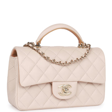Chanel Mini Rectangular Flap with Top Handle Beige and Caramel Lambskin Light Gold Hardware