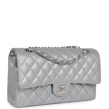 Chanel Medium Classic Double Flap Silver Metallic Lambskin Silver Hardware