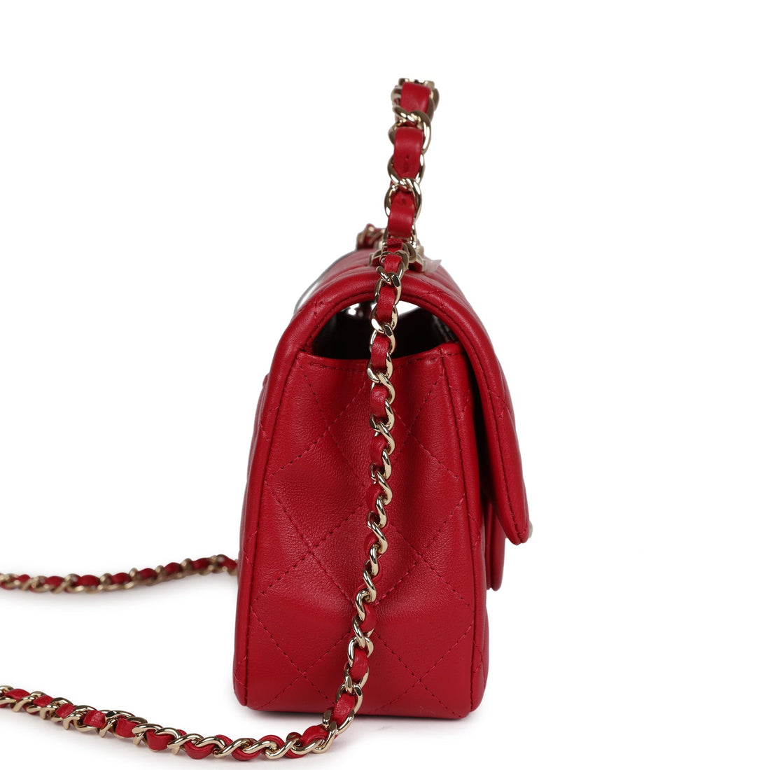 Chanel Mini Rectangular Flap Bag with Interwoven Top Handle Red Lambskin Light Gold Hardware