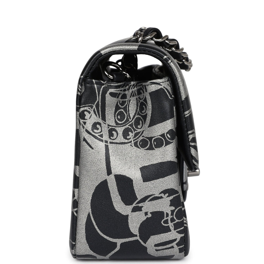 Chanel Mini Rectangular Flap Bag Black and Silver Printed Lambskin Ruthenium Hardware