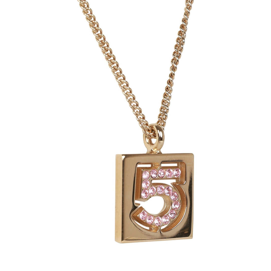 Chanel   24K Gold Plated Pink No.5 Rhinestone Pendant Necklace