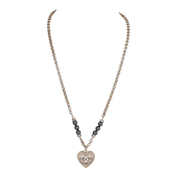 Chanel Black and Silver CC Crystal Heart Pendant Necklace