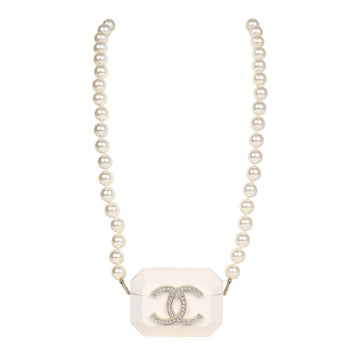 Chanel Crystal CC Resin & Pearls Airpod Pro Case Necklace Light Gold Hardware