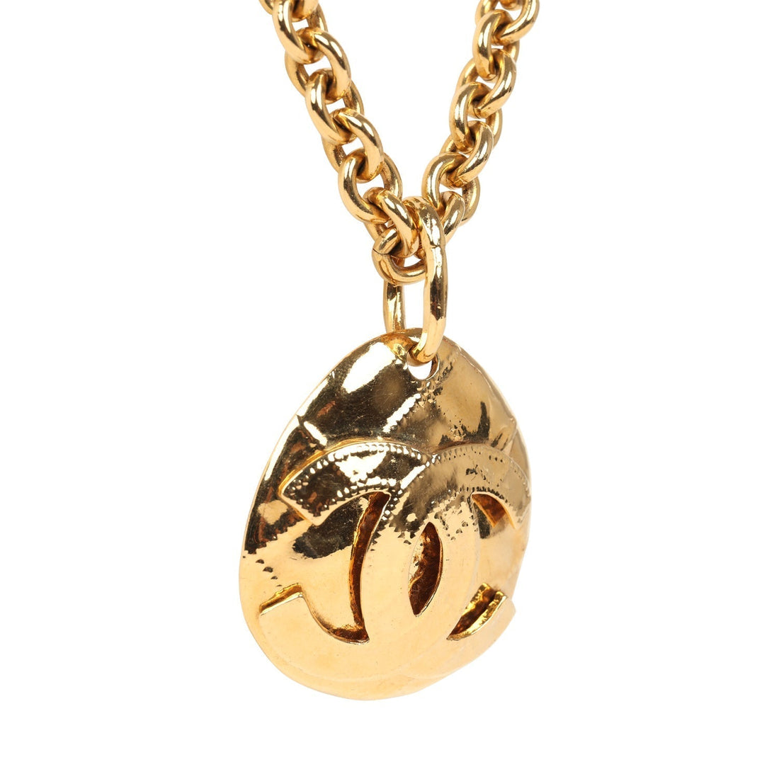 Chanel   24K Gold Plated CC Quilted Oval Pendant Necklace