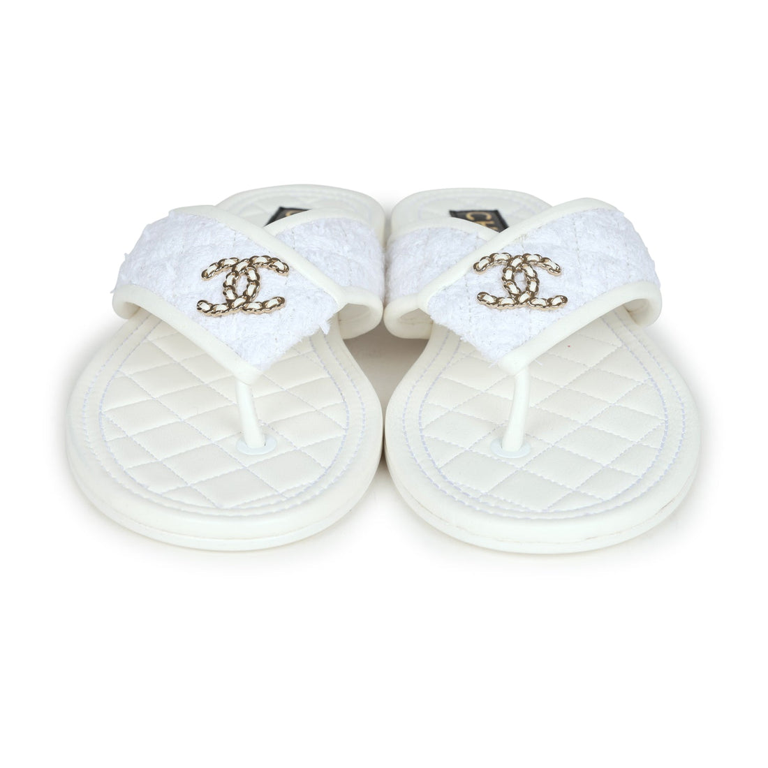 Chanel CC Logo Thong Sandals White Lambskin & Tweed 38 EU Gold Hardware