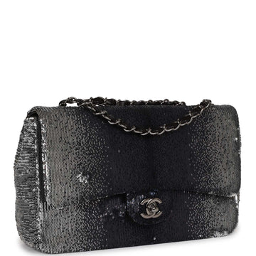 Chanel Small Classic Flap Bag Black and Silver Sequins Silver Hardware
