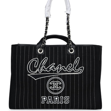 Chanel Large Deauville Shopping Tote Black and White Striped Canvas Silver Hardware