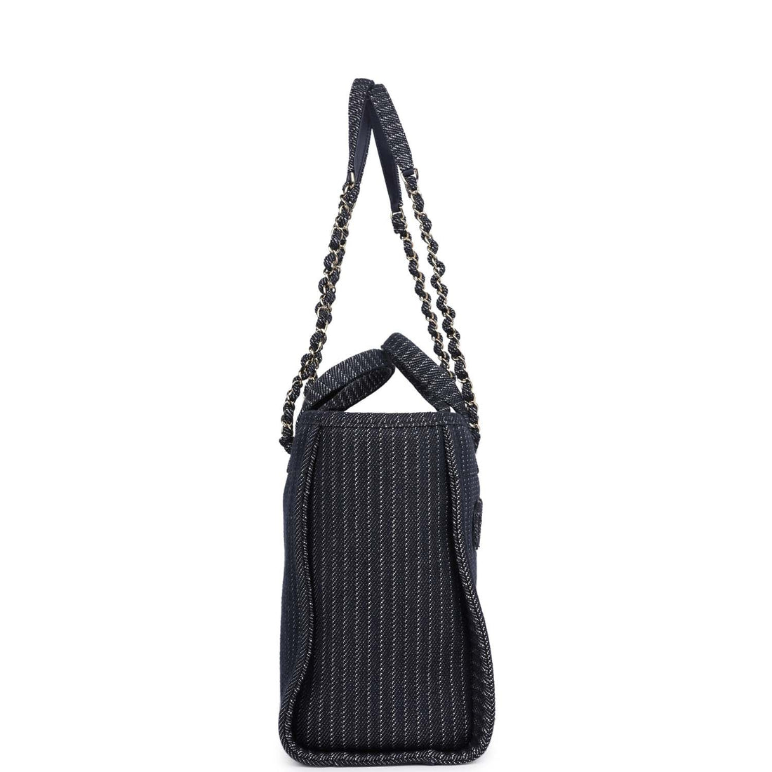 Chanel Small Striped Deauville Shopping Tote Navy Blue and White Denim Light Gold Hardware