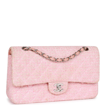Chanel   Medium Classic Double Flap Bag Pink Tweed Silver Hardware