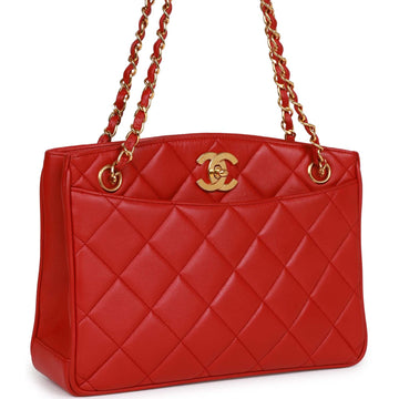 Chanel   Mini Chain Tote Bag Red Lambskin Gold Hardware
