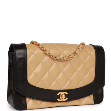Chanel   Medium Diana Flap Bag Black and Beige Lambskin Gold Hardware