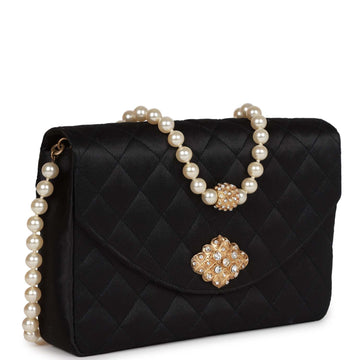 Chanel   Gripoix Pearl Chain Bag Black Satin Gold Hardware