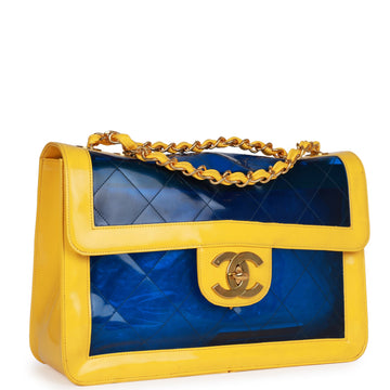 Chanel   Maxi Flap Bag Yellow/Blue Quilted Patent Leather Gold Hardware
