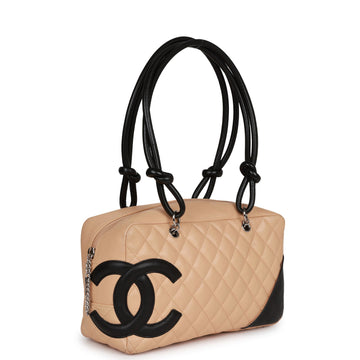 Chanel   Cambon Bowler Bag Beige and Black Calfskin Silver Hardware
