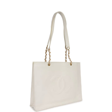 Chanel   CC Chain Shopping Tote Bag White Caviar Gold Hardware