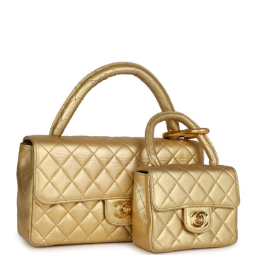 Chanel   Kelly Parent and Child Flap Bag Set Gold Metallic Lambskin Gold Hardware