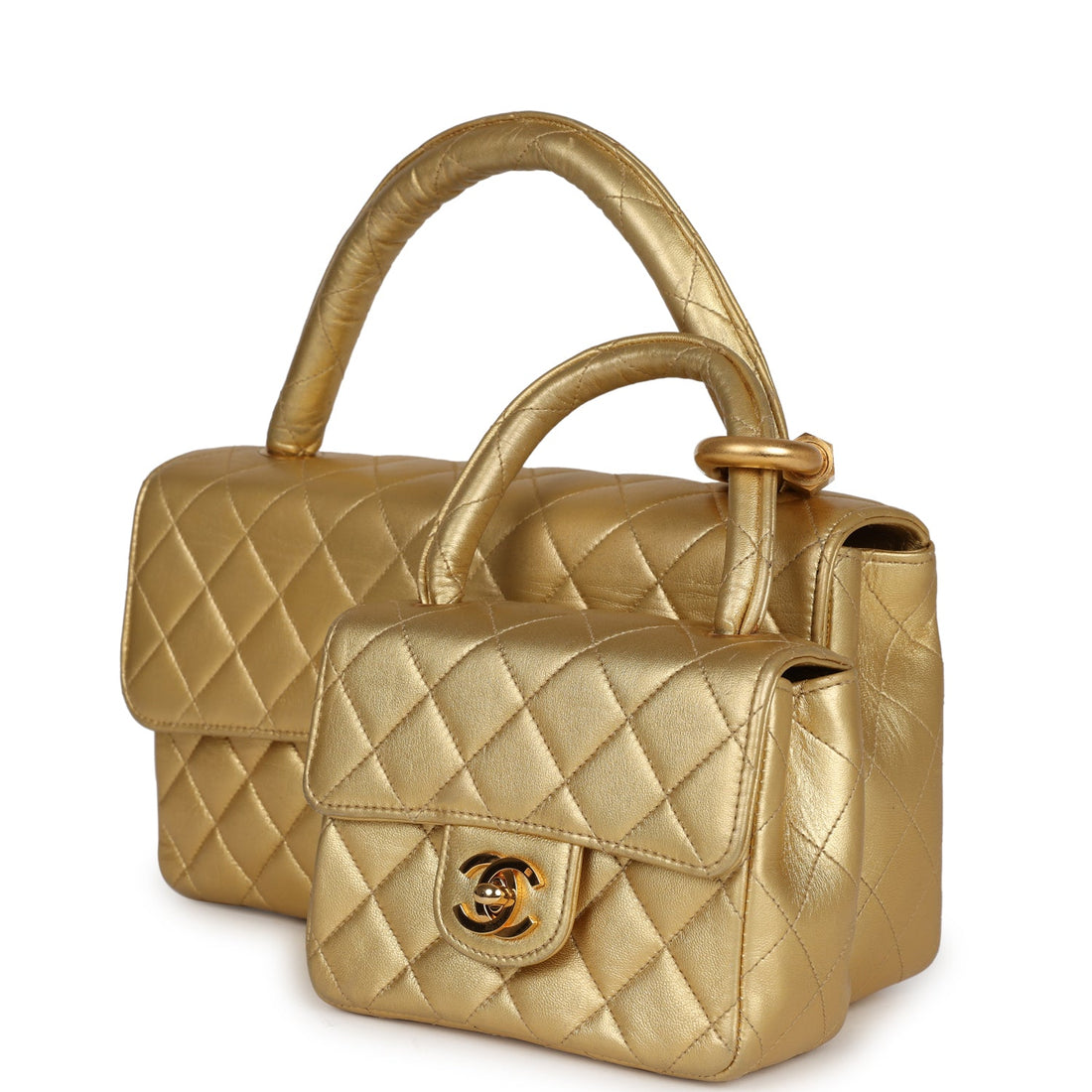 Chanel   Kelly Parent and Child Flap Bag Set Gold Metallic Lambskin Gold Hardware