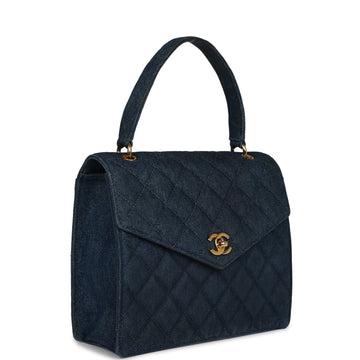 Chanel   Envelope Flap Top Handle Handbag Dark Blue Denim Gold Hardware