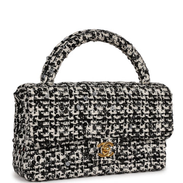 Chanel   Kelly Parent Flap Black and White Sequin Tweed Gold Hardware