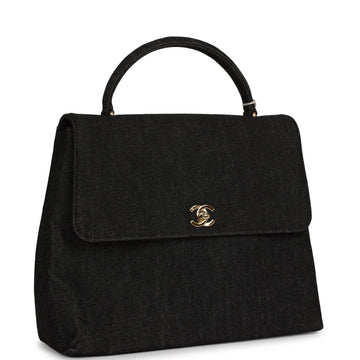 Chanel   Kelly Top Handle Bag Black Denim Gold Hardware
