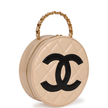Chanel   Round Vanity Bag Beige and Black Patent Leather Antique Gold Hardware