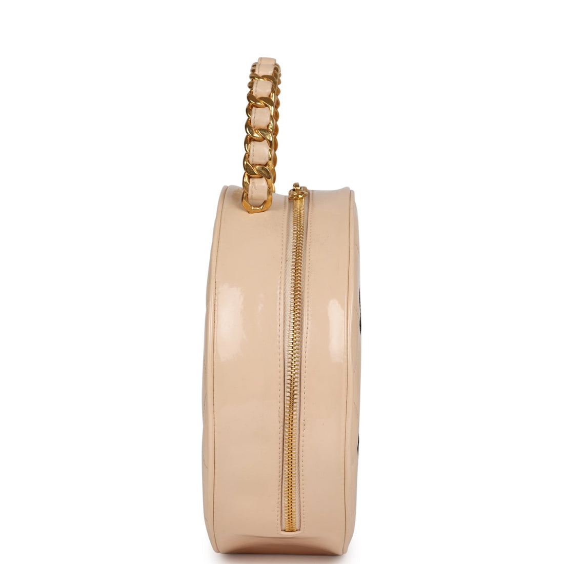 Chanel   Round Vanity Bag Beige and Black Patent Leather Antique Gold Hardware