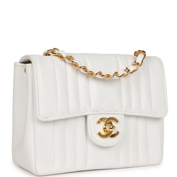 Chanel   Mini Square Flap Vertical Stripe White Caviar Gold Hardware