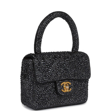 Custom Black Swarovski Crystal Chanel   Mini Kelly Flap Bag Black Lambskin Gold Hardware