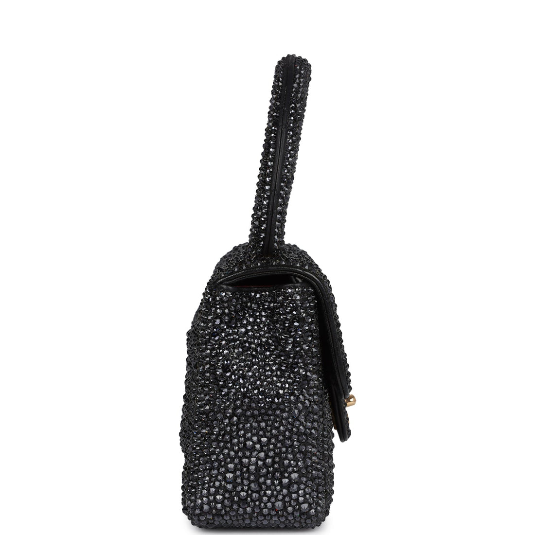 Custom Black Swarovski Crystal Chanel   Mini Kelly Flap Bag Black Lambskin Gold Hardware