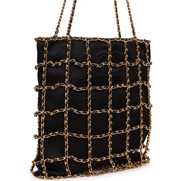 Chanel   Chain Frame CC Shopping Tote Black Satin Gold Hardware
