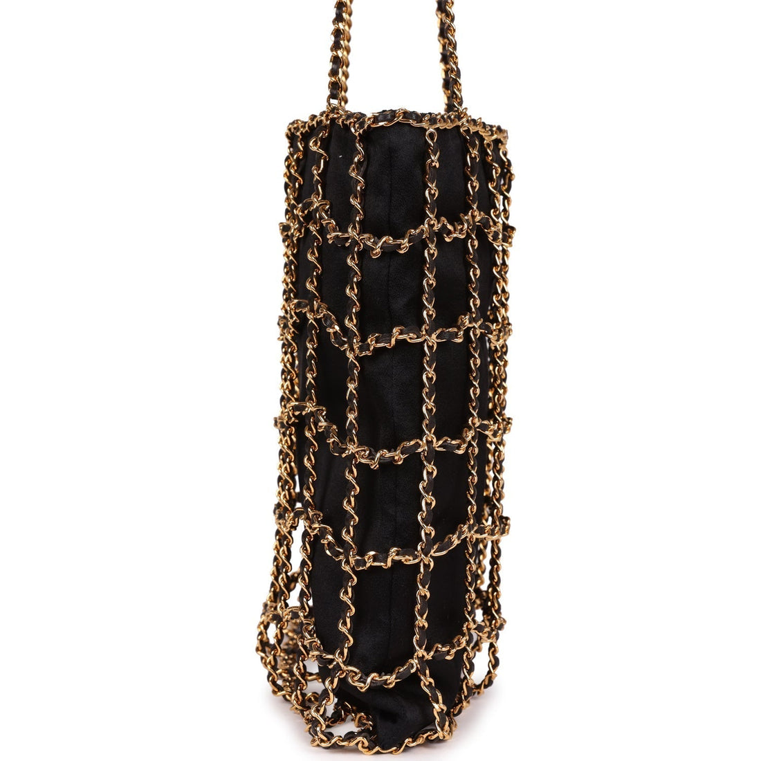 Chanel   Chain Frame CC Shopping Tote Black Satin Gold Hardware