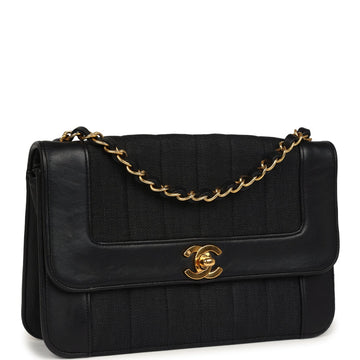 Chanel   Vertical Border Flap Bag Black Linen and Lambskin Gold Hardware