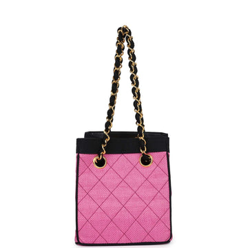 Chanel   Set of Two Mini Bucket Bag & Oval Handbag Pink and Black Raffia Gold Hardware