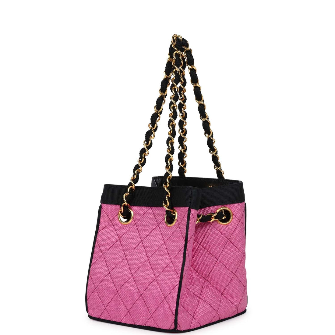 Chanel   Set of Two Mini Bucket Bag & Oval Handbag Pink and Black Raffia Gold Hardware