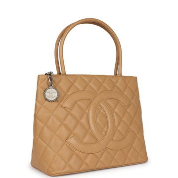 Chanel   Medallion Tote Bag Beige Caviar Silver Hardware