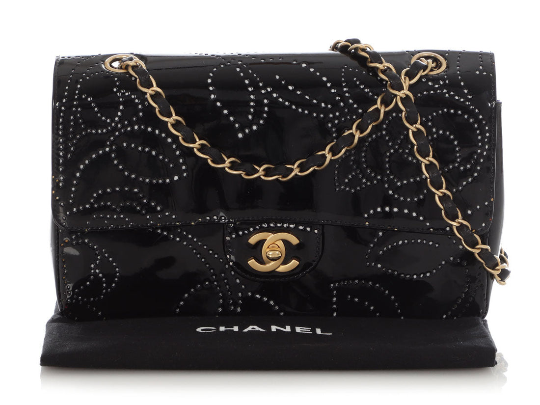 Chanel   Black Perforated Patent Camellia Flap